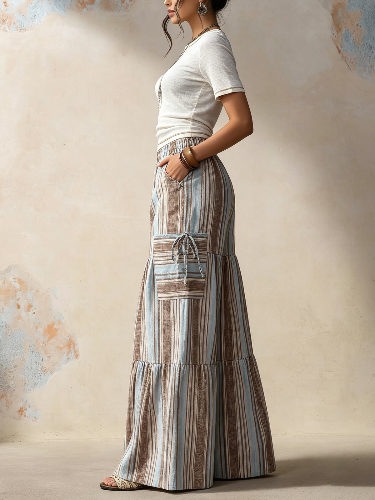 Boho Striped Tiered Wide-Leg Cargo Pants with Pockets
