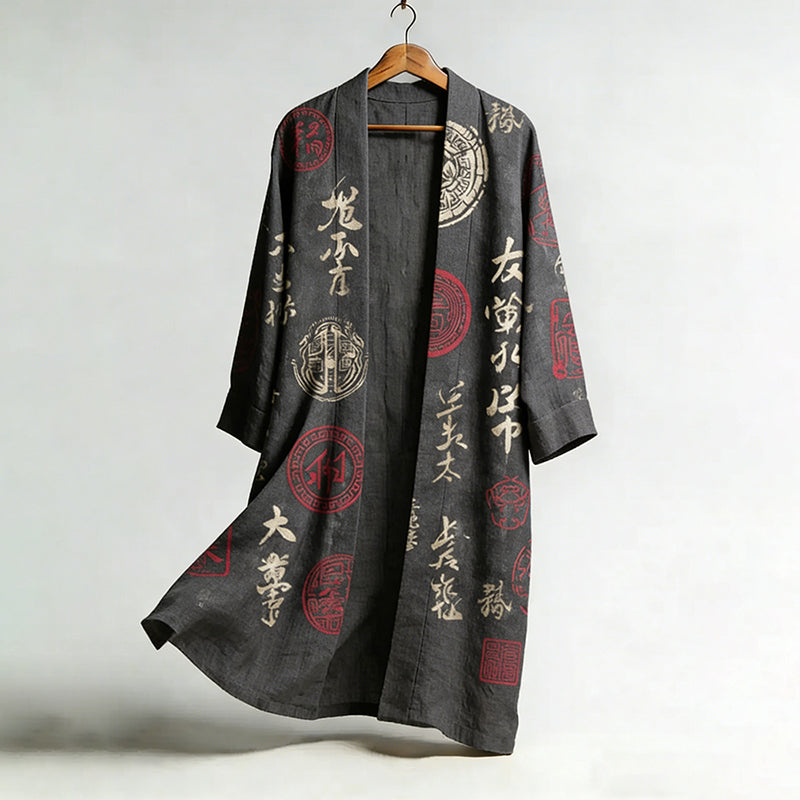Men's Retro Calligraphy Art and Japanese Symbol Print Linen Long Kimono