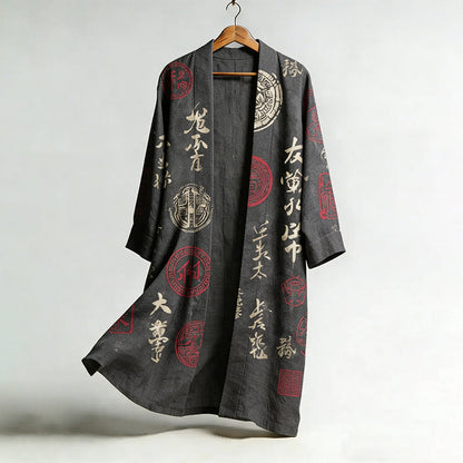 Men's Retro Calligraphy Art and Japanese Symbol Print Linen Long Kimono