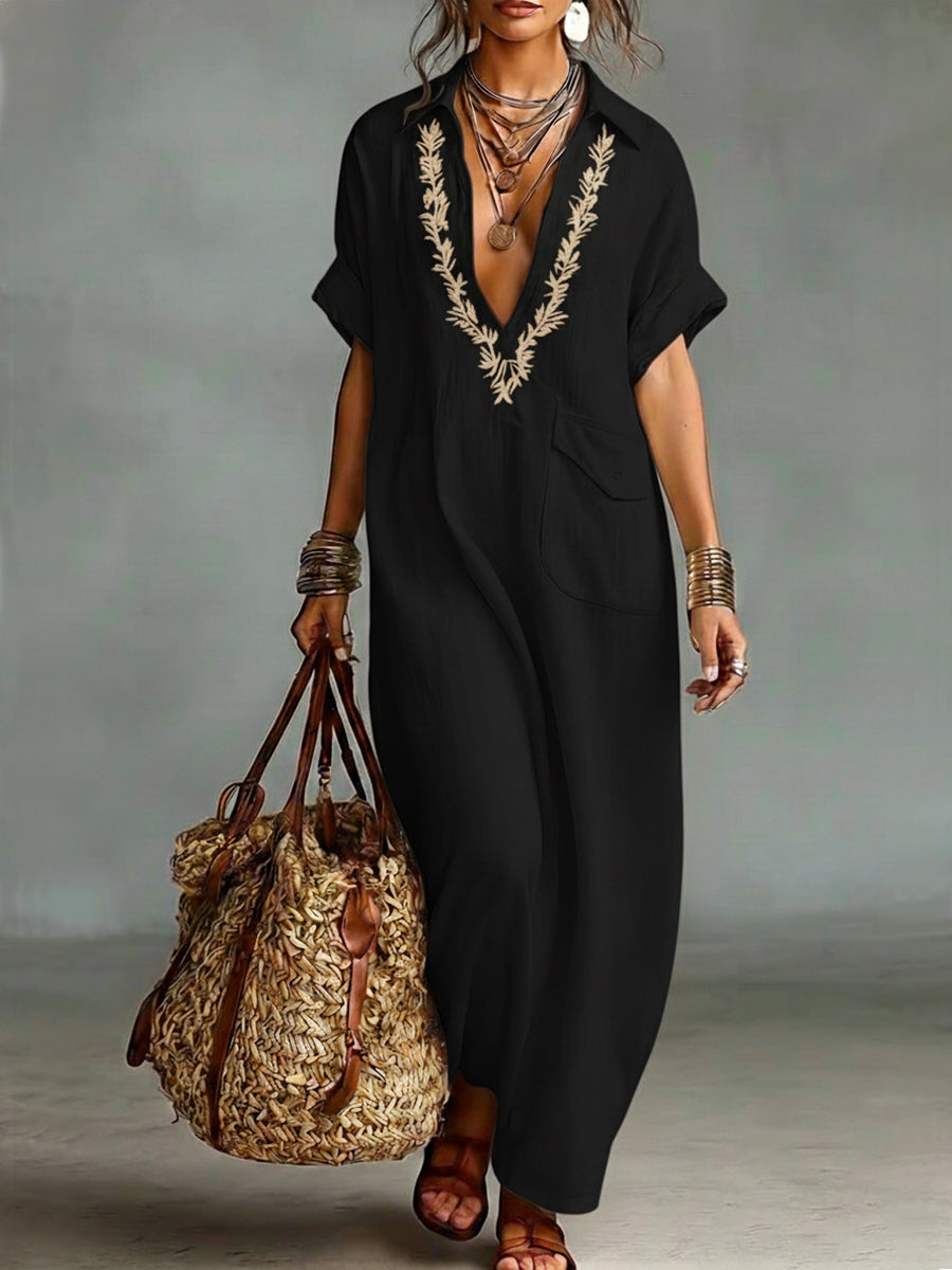 Loose-Fitting V-Neck Linen and Cotton Dress
