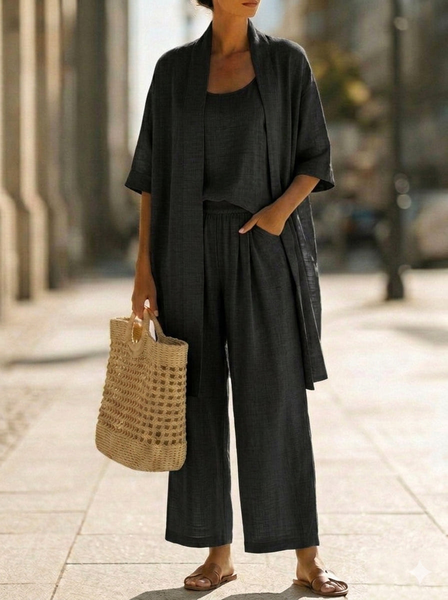 Minimalist Linen-Cotton Three-Piece Set with Comfortable for Everyday Wear