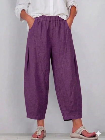 Casual Elastic-Waist Linen and Cotton Trousers