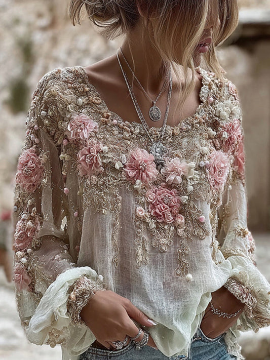 Pink Rose Embroidery Art Round Neck Long-Sleeve Linen Blend T-Shirt