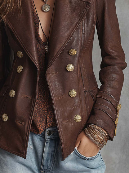 Retro Double-Breasted Wide Lapel Faux Leather Jacket