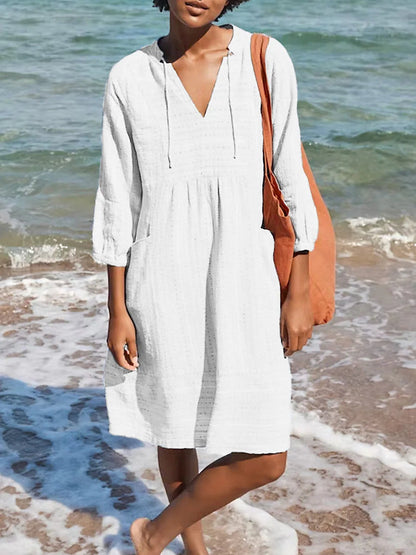 Solid Color Loose Elegant Casual V-Neck Pocket Cotton and Linen Dress