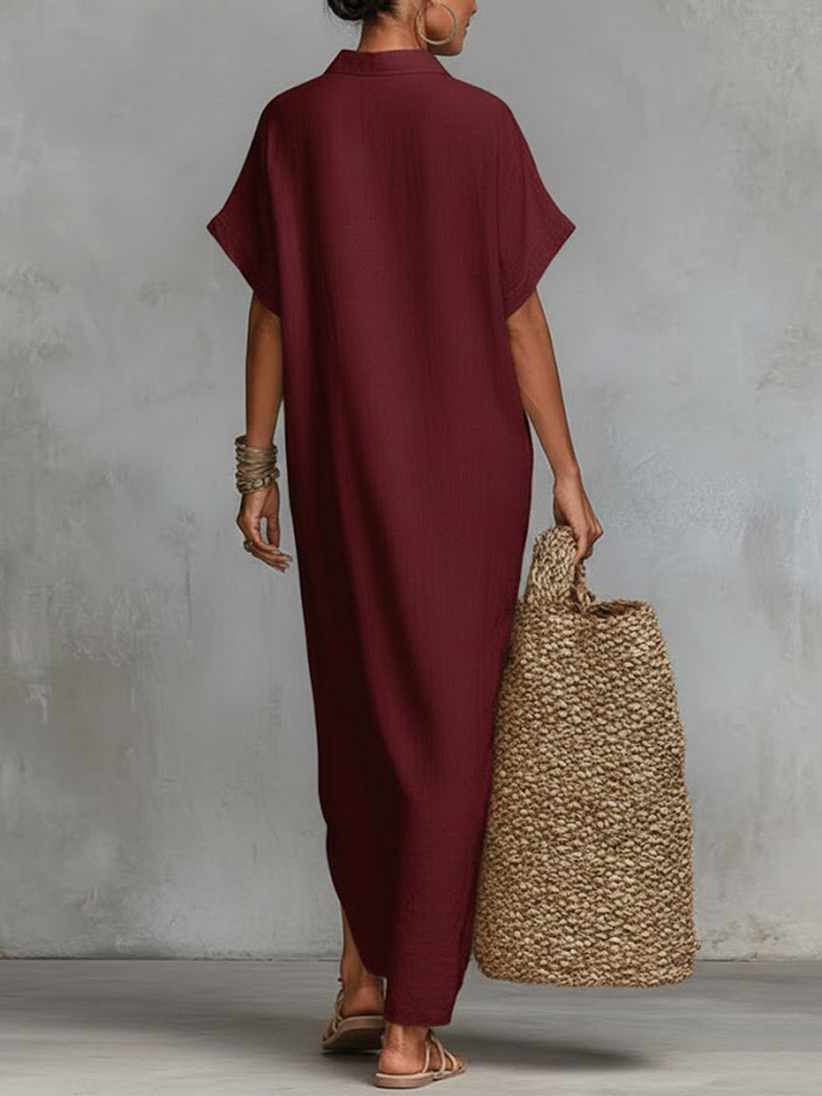 Solid Color Collared Short-Sleeved Casual Loose Linen Dress