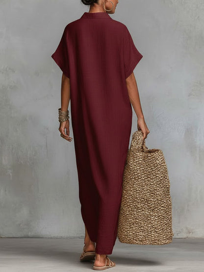 Solid Color Collared Short-Sleeved Casual Loose Linen Dress