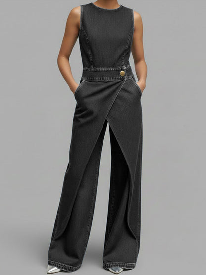 Round Neck Sleeveless Casual Loose Denim Wide-Leg Jumpsuit