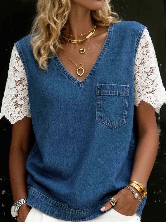 V-Neck Denim Top with Lace Trim