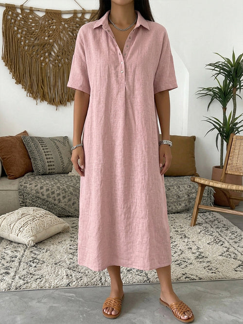 Cotton Linen Polo Dress with Casual Short-Sleeve Summer Dress