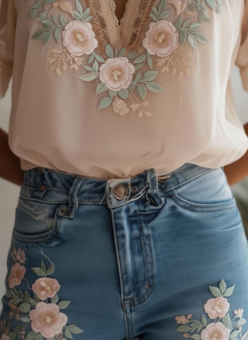 Elegant Floral Embroidered Sheer Lace Blouse with V-Neck Puff Sleeve Top