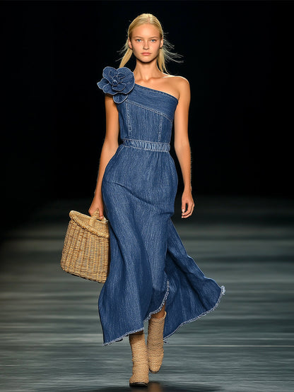 [24-Hour Shipping Out]elegant Strapless Denim 3D Floral Maxi Dress