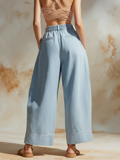 Striped Patchwork Denim Wide-Leg Pants with Pockets