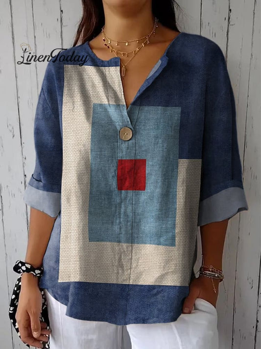 Denim Blue Geometry Casual Cotton Linen Shirt