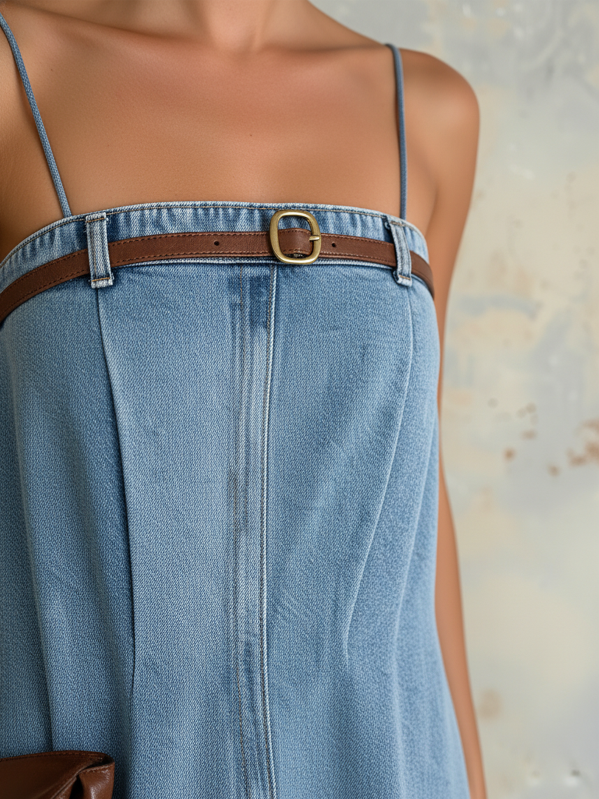 Light Blue Tencel Denim Spaghetti Strap Maxi Dress with Belt