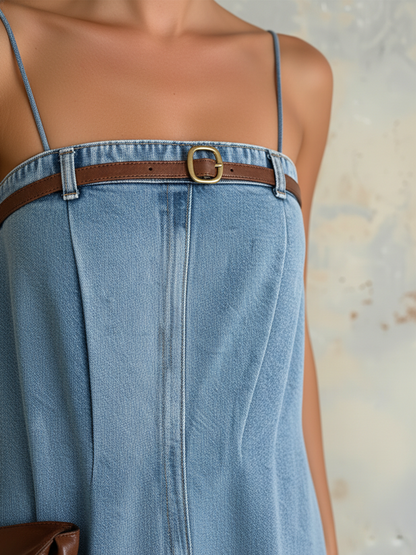 Light Blue Tencel Denim Spaghetti Strap Maxi Dress with Belt