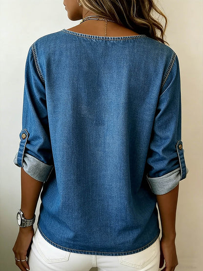 Round Neck Long-Sleeved Casual Loose Denim Top