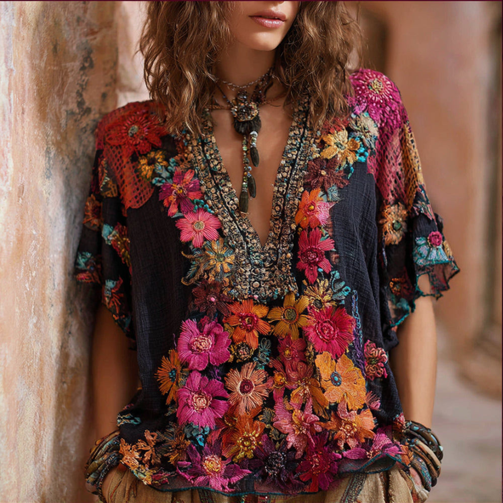 Bohemian Style Plant-Dyed Knitted Flower Loose Short-Sleeved Shirt