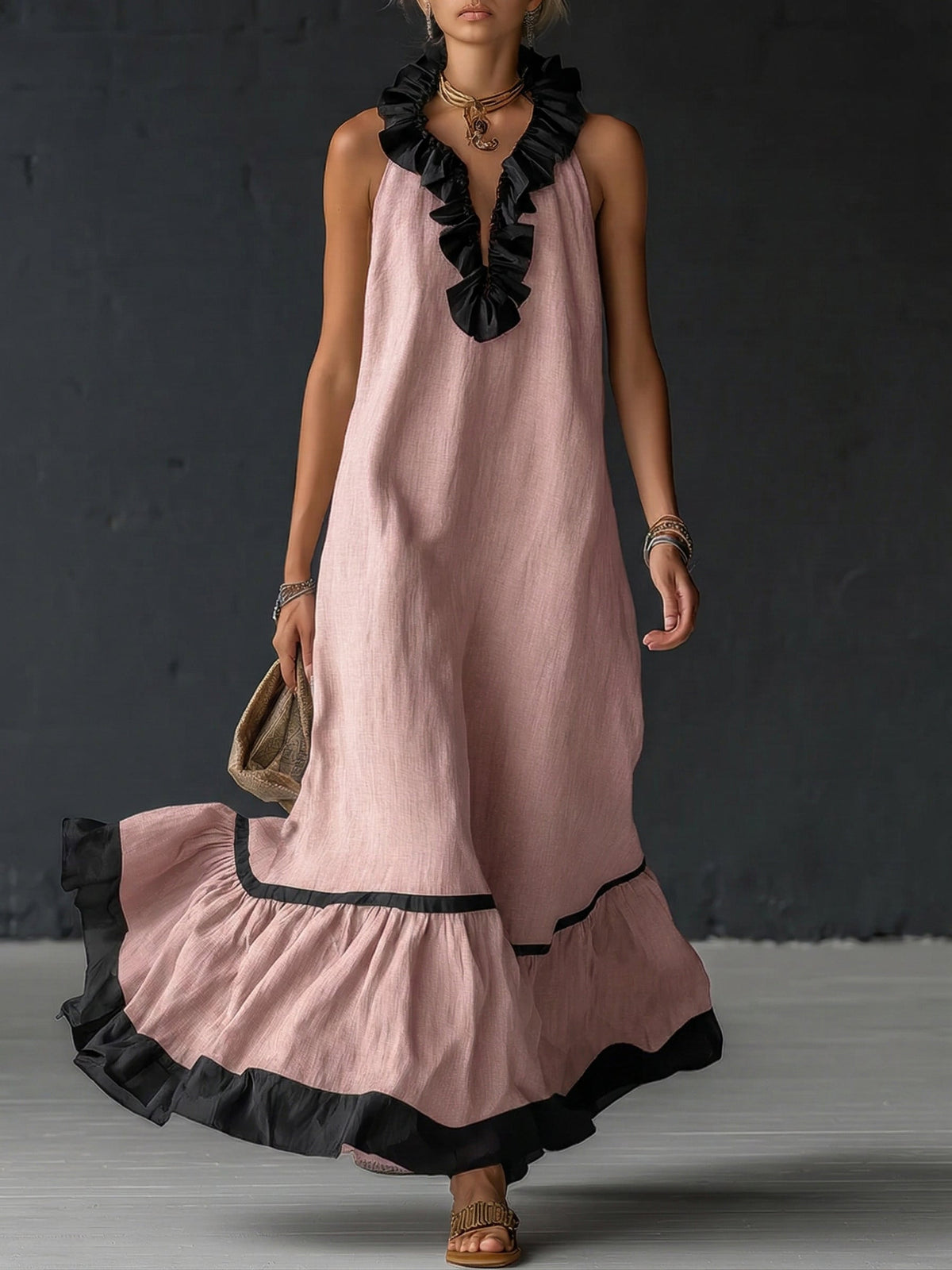 Elegant and Romantic Ruffled Color-Blocked Maxi Dress