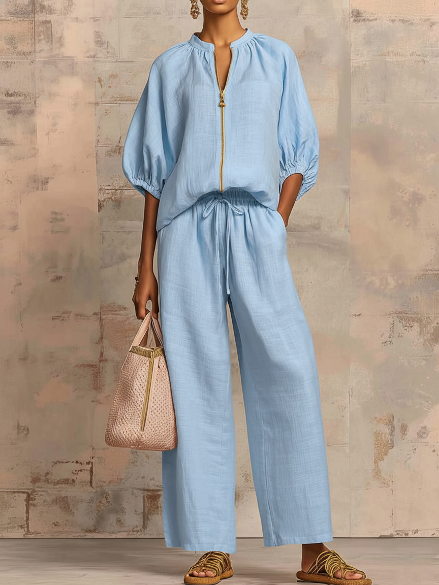 Stylish Cozy Shirt and Wide-Leg Pants Linen Cotton Two-Piece Set