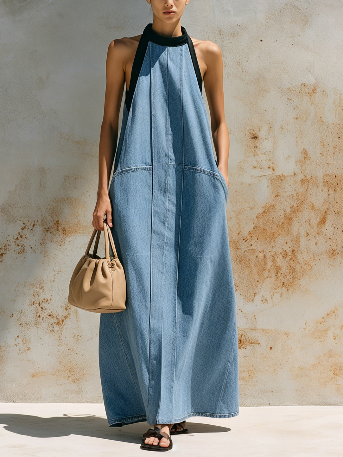 Light Wash Denim Halter Neck Maxi Dress with Black Trim