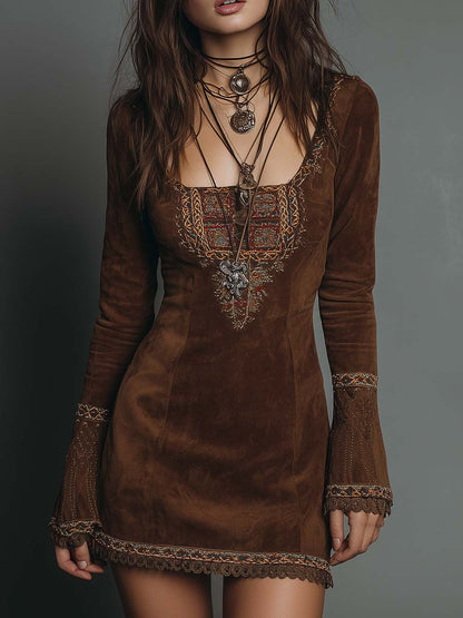Vintage Brown Suede Mini Dress with Embroidered Detailing
