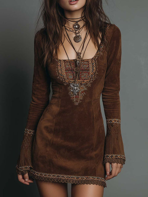 Vintage Brown Suede Mini Dress with Embroidered Detailing