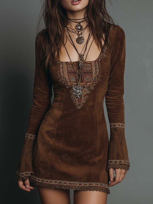 Vintage Brown Suede Mini Dress with Embroidered Detailing