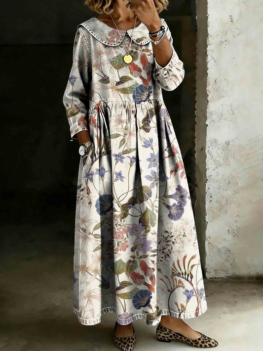 Vintage Colorful Floral Art Print Lapel Collar Pleated Long-Sleeve Casual Loose Denim Dress