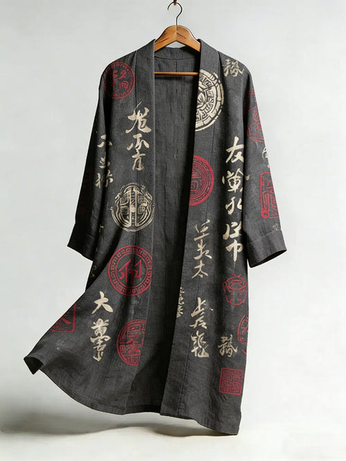 Men's Retro Calligraphy Art and Japanese Symbol Print Linen Long Kimono