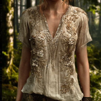 Bohemian Style Golden Sequin Flower Glowing Vintage V-Neck Short-Sleeved Shirt