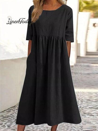 Cotton and Linen Casual Short-Sleeve Pocket Pleated Loose Round Neck Dress