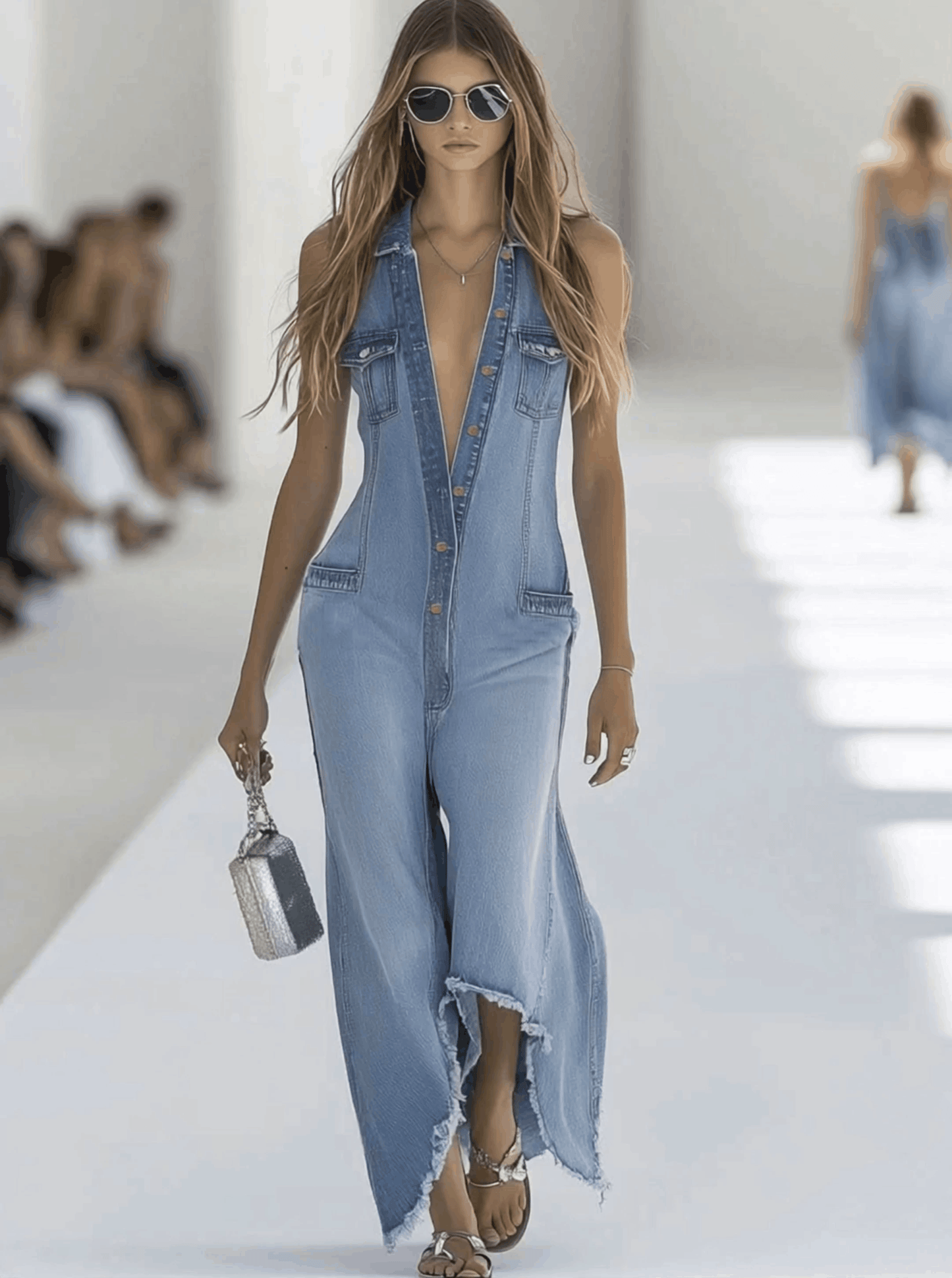Western Retro Light Blue Denim Sleeveless Raw Edge Wide-Leg Zipper Jumpsuit