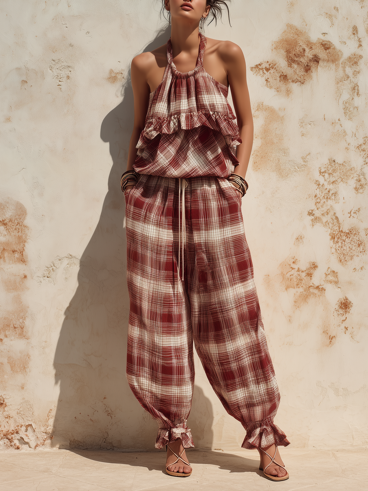 Red Plaid Ruffle-Hem Halter Jumpsuit with Effortless Summer Style