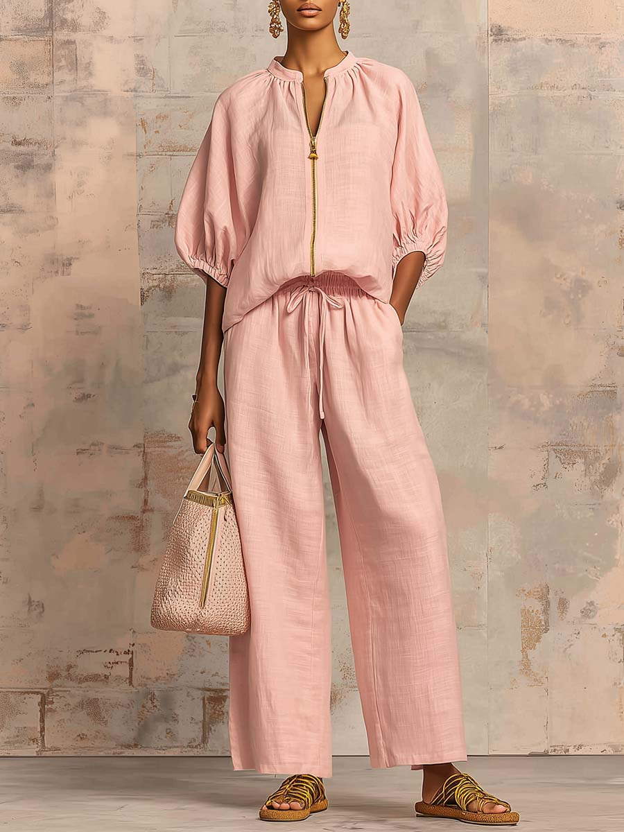 Stylish Cozy Shirt and Wide-Leg Pants Linen Cotton Two-Piece Set