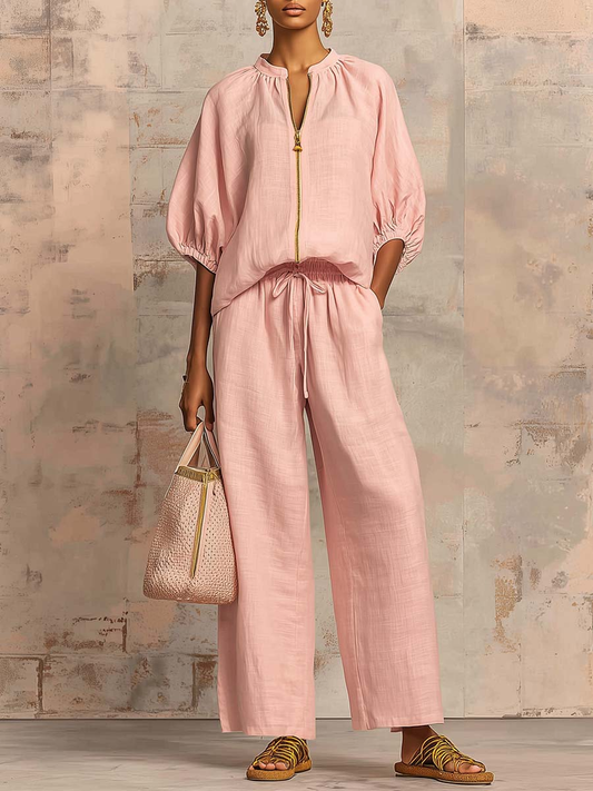Stylish Cozy Shirt and Wide-Leg Pants Linen Cotton Two-Piece Set