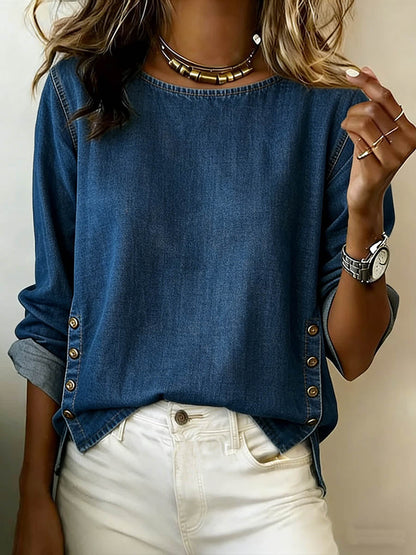 Round Neck Long-Sleeved Casual Loose Denim Top