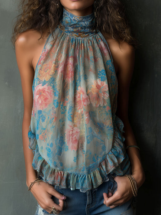 Bohemian High Neck Floral Chiffon Sleeveless Halter Blouse