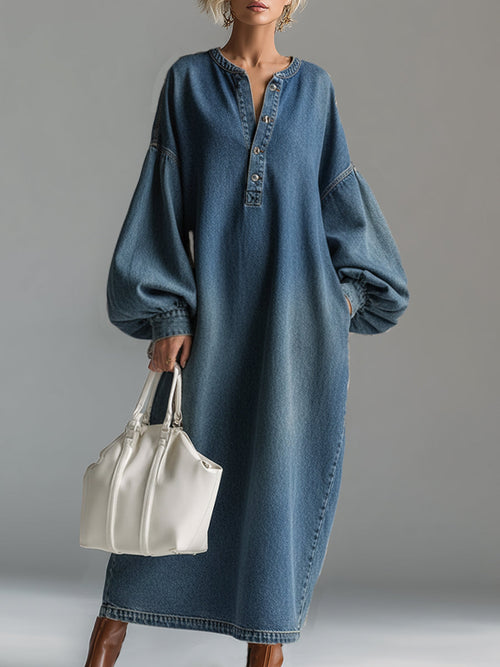 Elegant Urban-Style Blue Denim Button-Down Maxi Dress