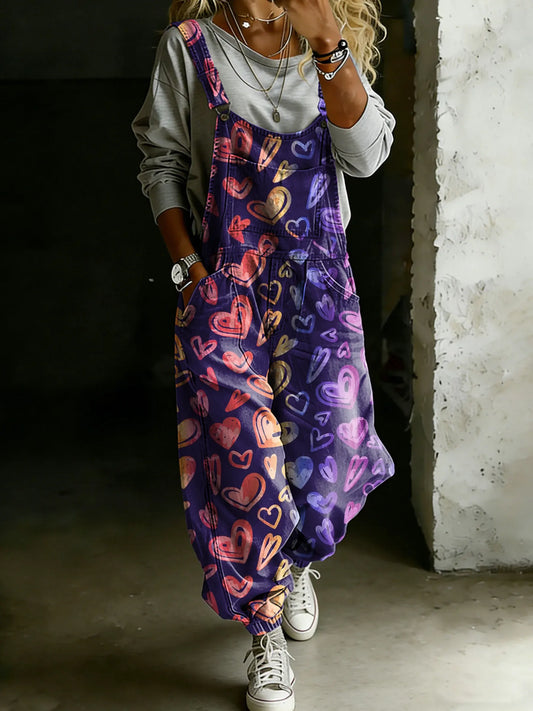 Vintage Multicolor Love Art Print Casual One Piece Denim Jumpsuit