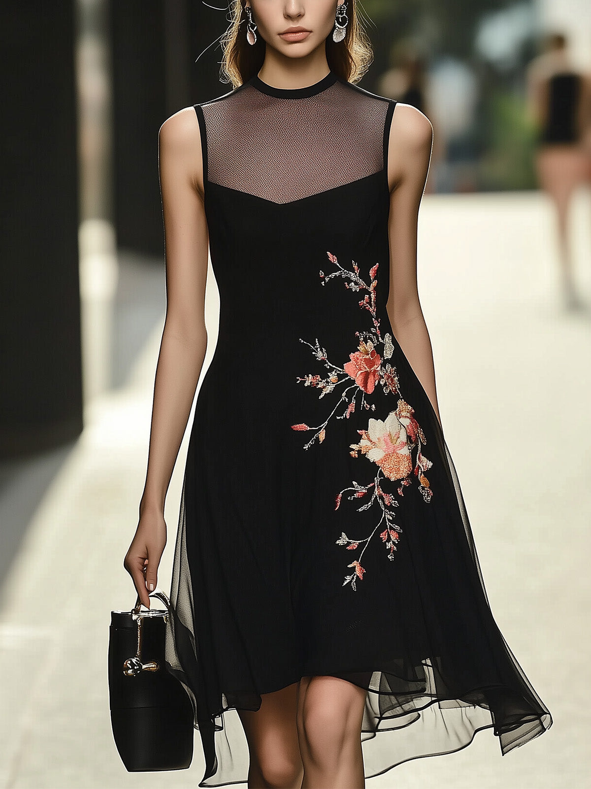 Chic Black Chiffon Dress with Floral Embroidery