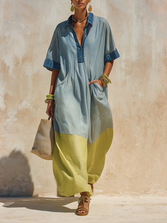 Oversized Denim Linen Maxi Dress with Breathable Two-Tone Casual Cover-Up