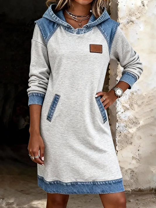 Casual Hooded Denim Patchwork Sweatshirt Dress