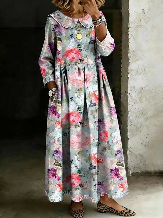 Vintage Flower Peter Pan Collar Long-Sleeved Casual Loose Denim Dress