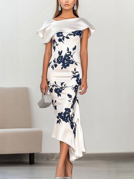 Glamorous White and Navy Floral Print Mermaid Satin Dress