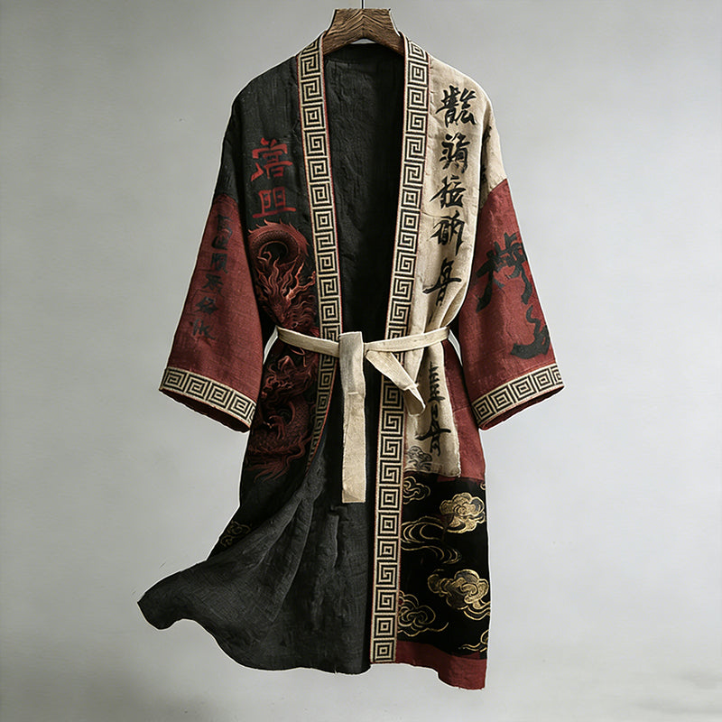 Japanese Calligraphy and Dragon Art Combined in a Linen Blend Kimono
