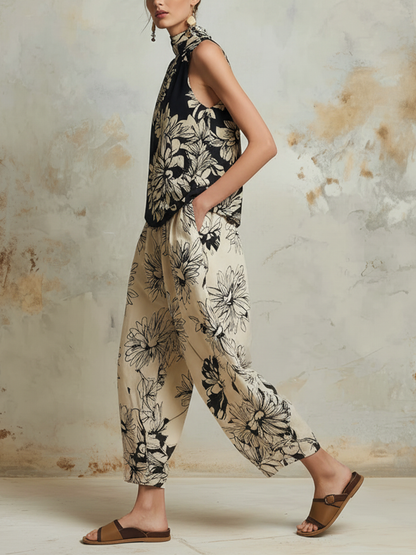 Black and Beige Floral Halter Top and Wide-Leg Pants Two-Piece Set