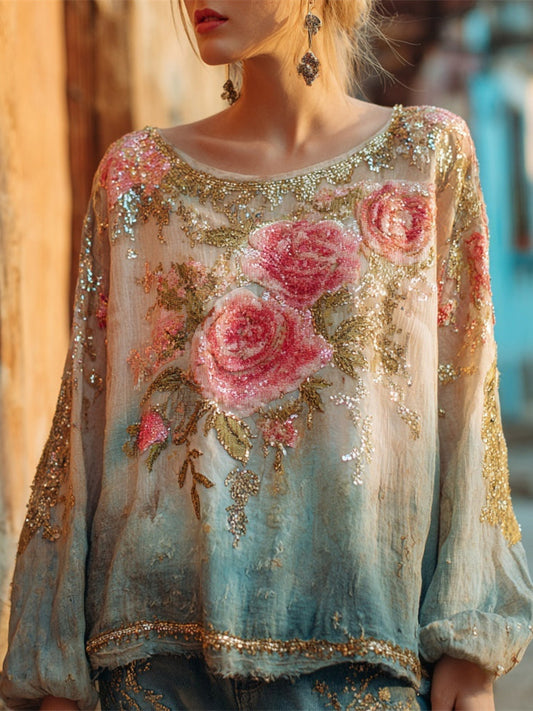 Boho Vintage Sequin Floral Embroidery Gradient Linen Shirt