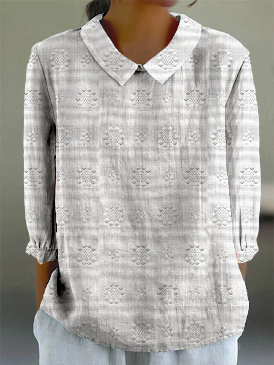 Vintage Floral Art Print Casual Cotton and Linen 3/4-Sleeve Shirt