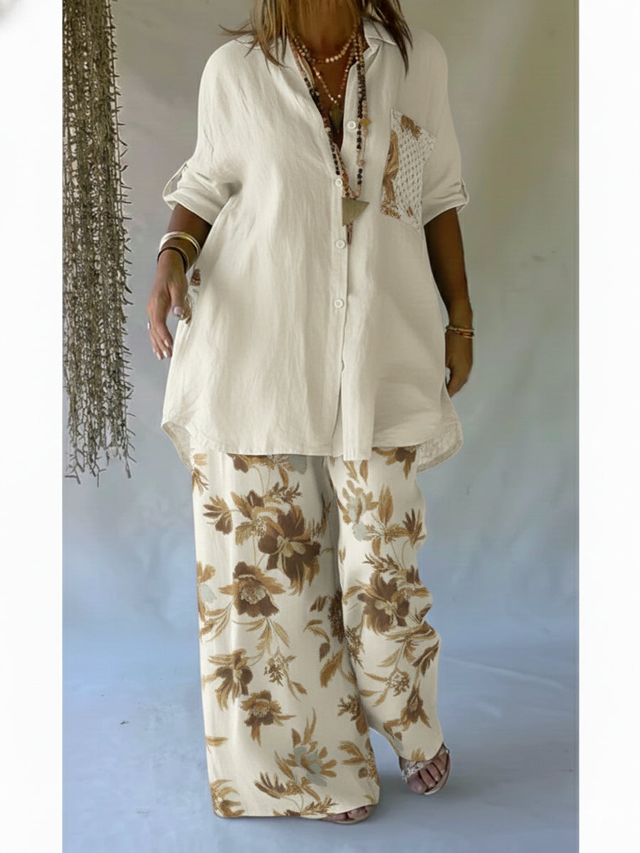 Casual Floral Print Linen and Cotton Shirt and Trousers Two-Piece Set